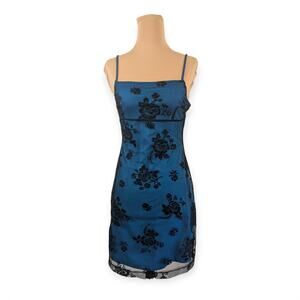 Teal Blue Illusion Mini Dress ~ Floral velvet burnout
